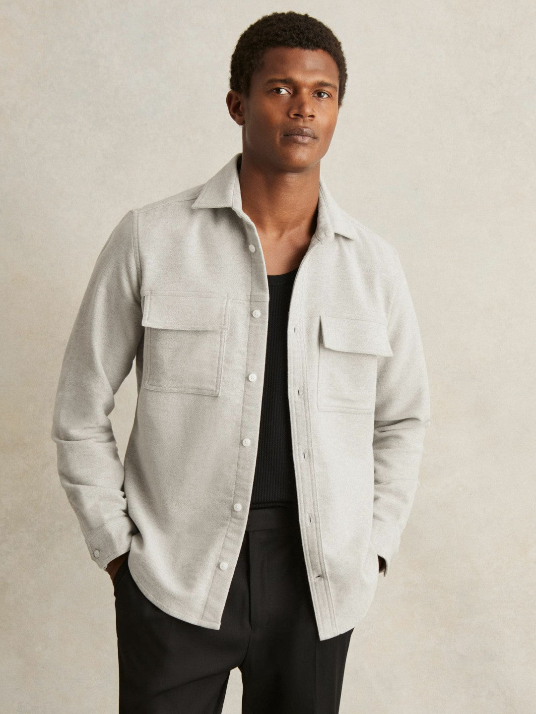 Reiss Value - Moleskin-Cotton Twin-Pocket Overshirt in Soft Grey Melange