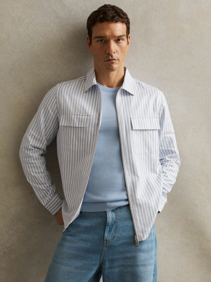 Reiss Savings - Cotton Stripe Zip-Through Shirt in White/Soft Blue