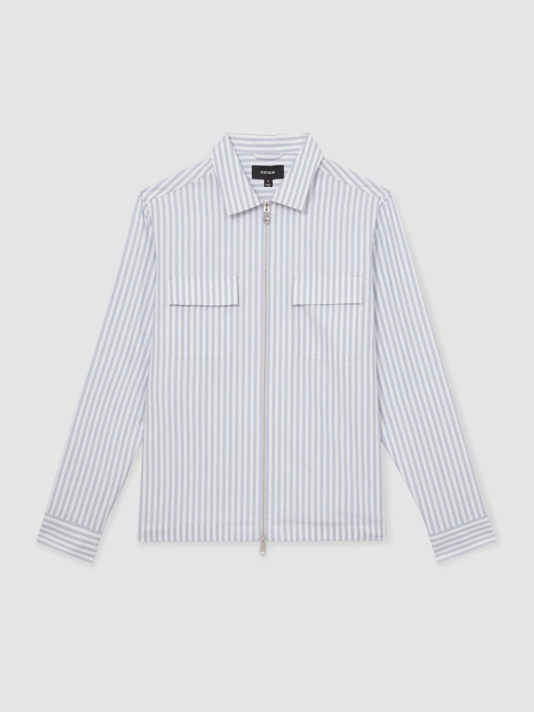 Reiss Savings - Cotton Stripe Zip-Through Shirt in White/Soft Blue