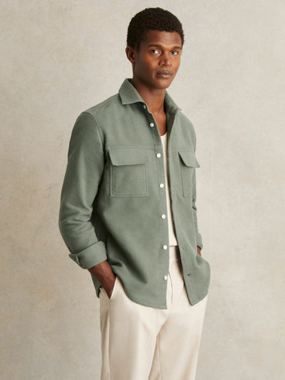 Reiss Offer - Moleskin-Cotton Twin-Pocket Overshirt in Green