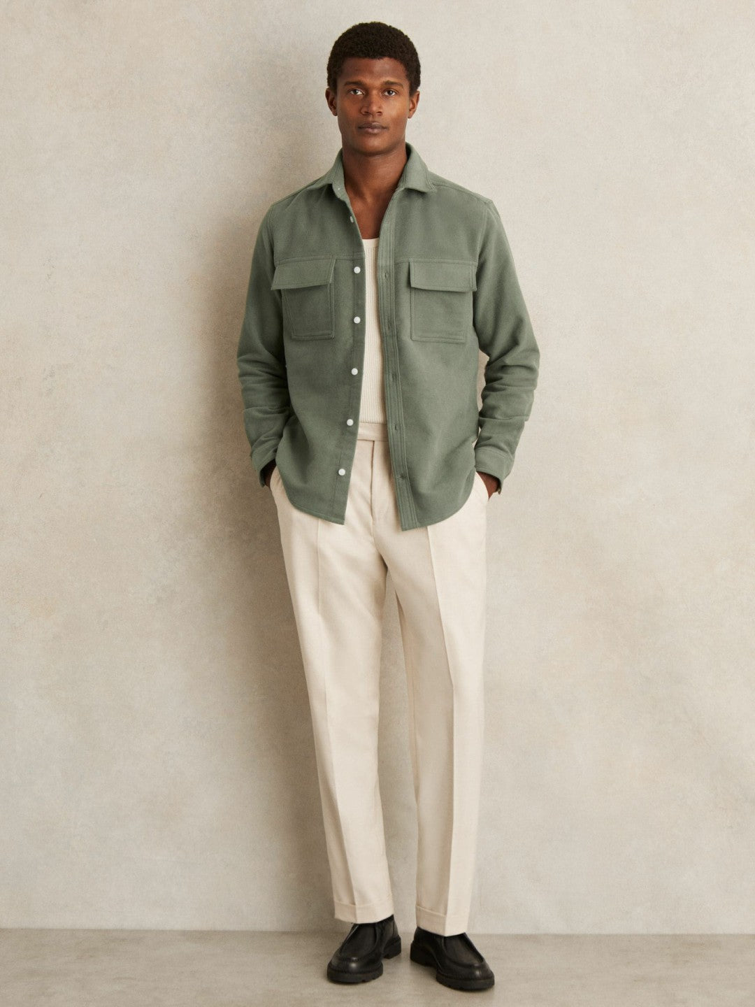 Reiss Offer - Moleskin-Cotton Twin-Pocket Overshirt in Green