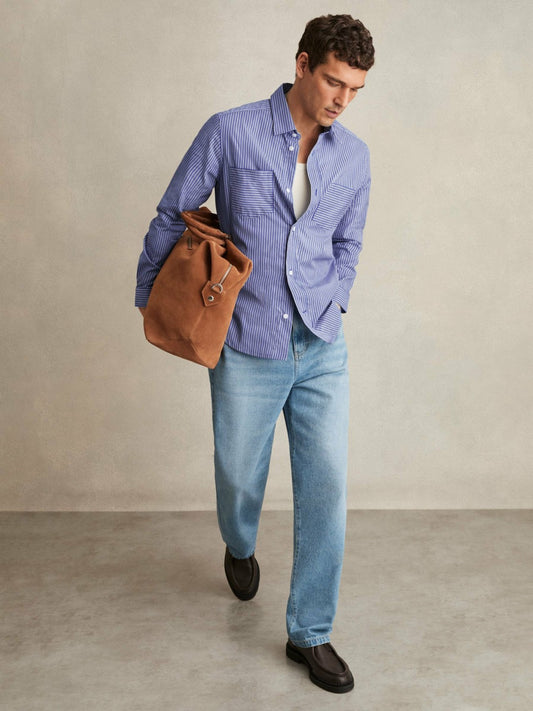 Reiss Popular Choice - Cotton-Poplin Stripe Twin-Pocket Shirt in Blue/White