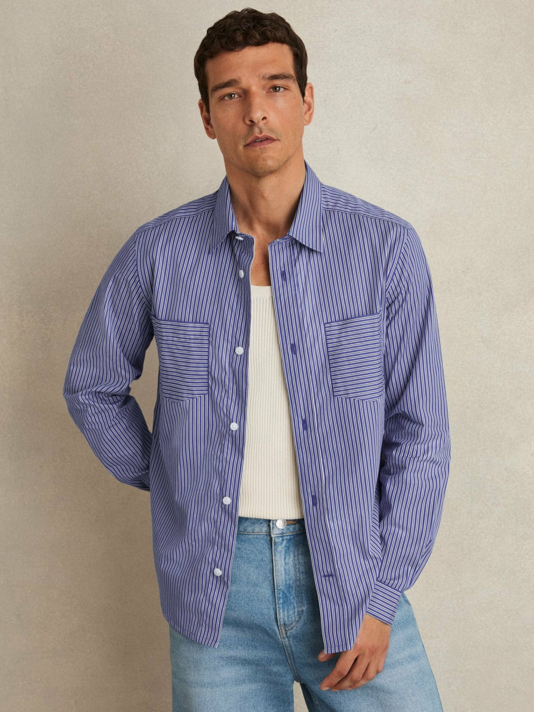 Reiss Popular Choice - Cotton-Poplin Stripe Twin-Pocket Shirt in Blue/White