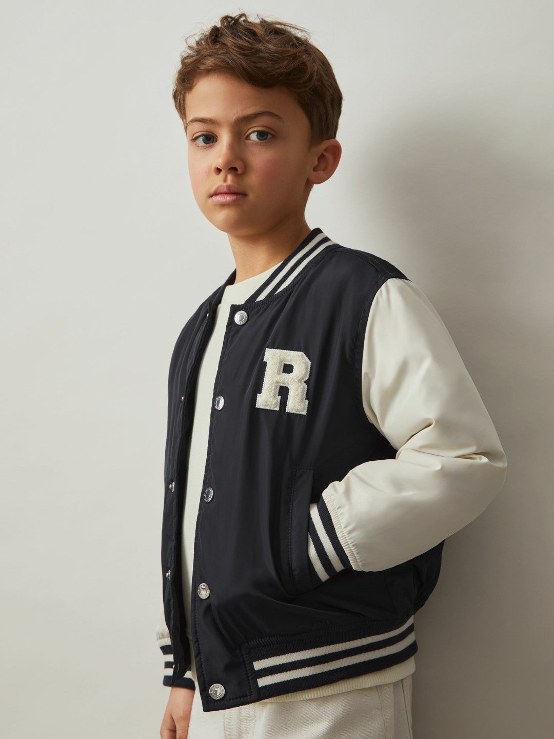 Reiss Featured - 13-14 yrs Colour-Block Varsity Bomber Jacket in Navy/ Off White