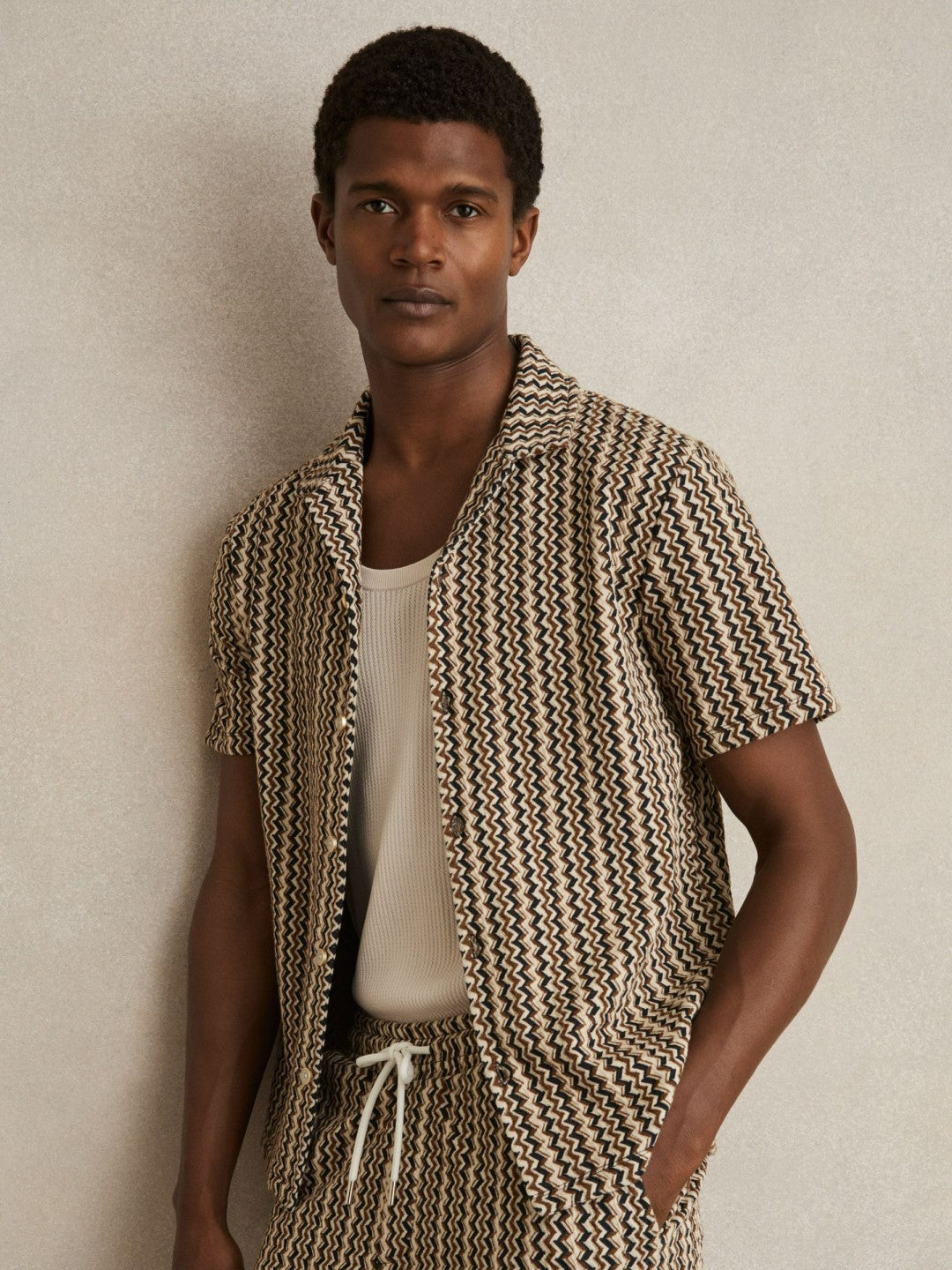 Reiss Featured - Zig-Zag Knit Cuban-Collar Shirt in Tobacco Brown