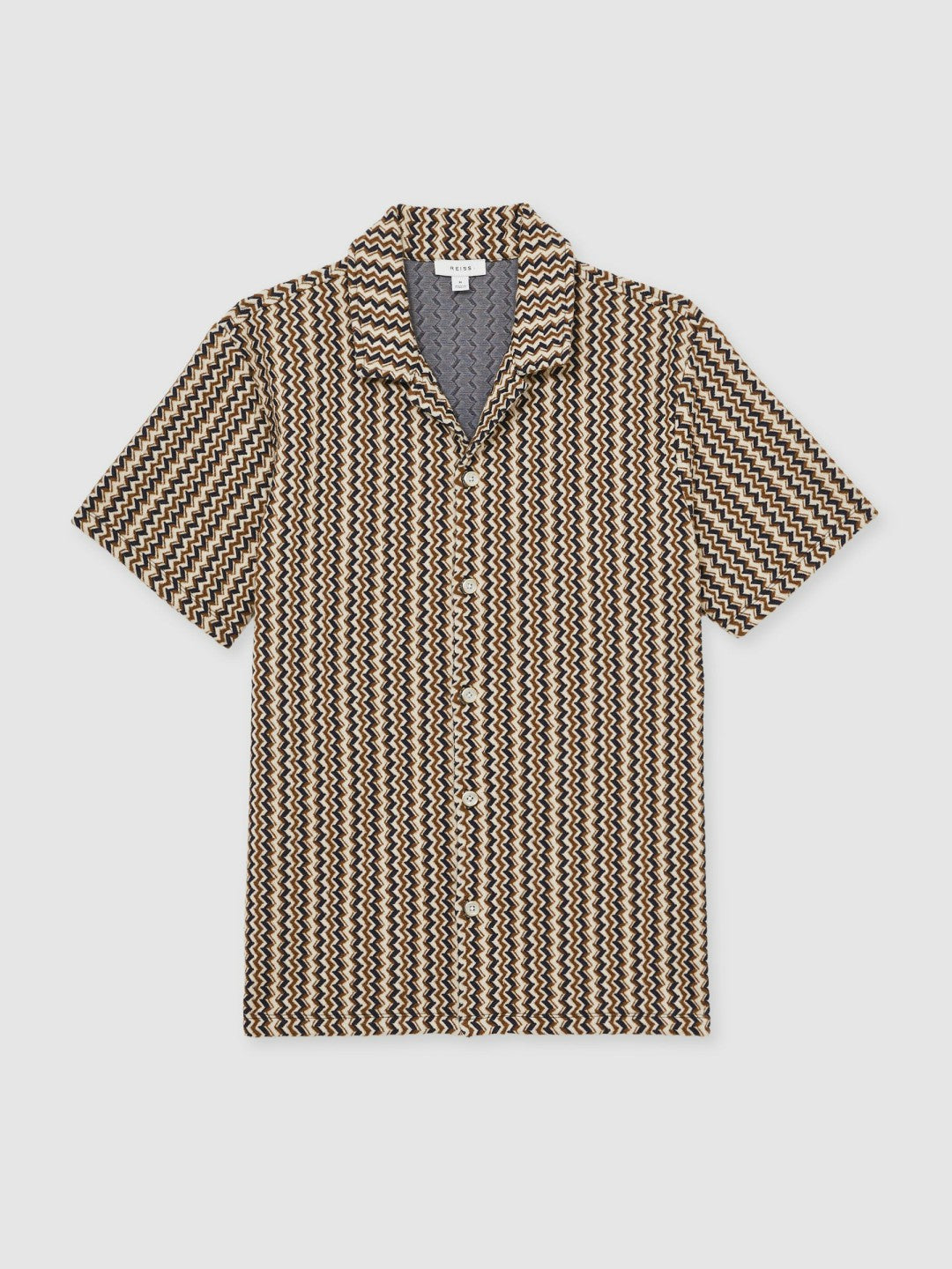 Reiss Featured - Zig-Zag Knit Cuban-Collar Shirt in Tobacco Brown