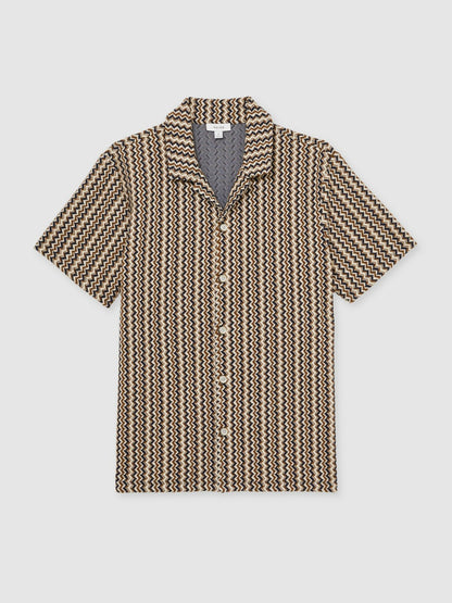 Reiss Featured - Zig-Zag Knit Cuban-Collar Shirt in Tobacco Brown