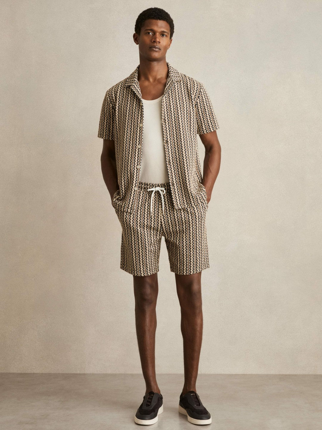 Reiss Featured - Zig-Zag Knit Cuban-Collar Shirt in Tobacco Brown