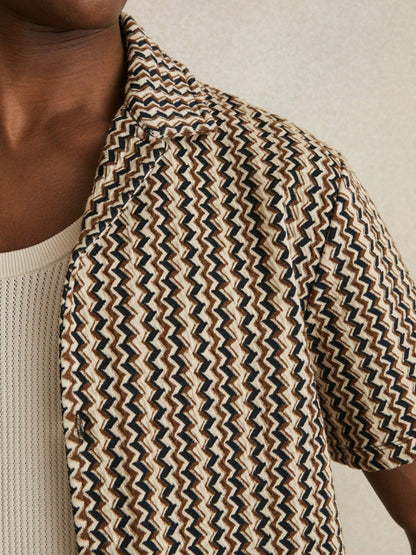 Reiss Featured - Zig-Zag Knit Cuban-Collar Shirt in Tobacco Brown