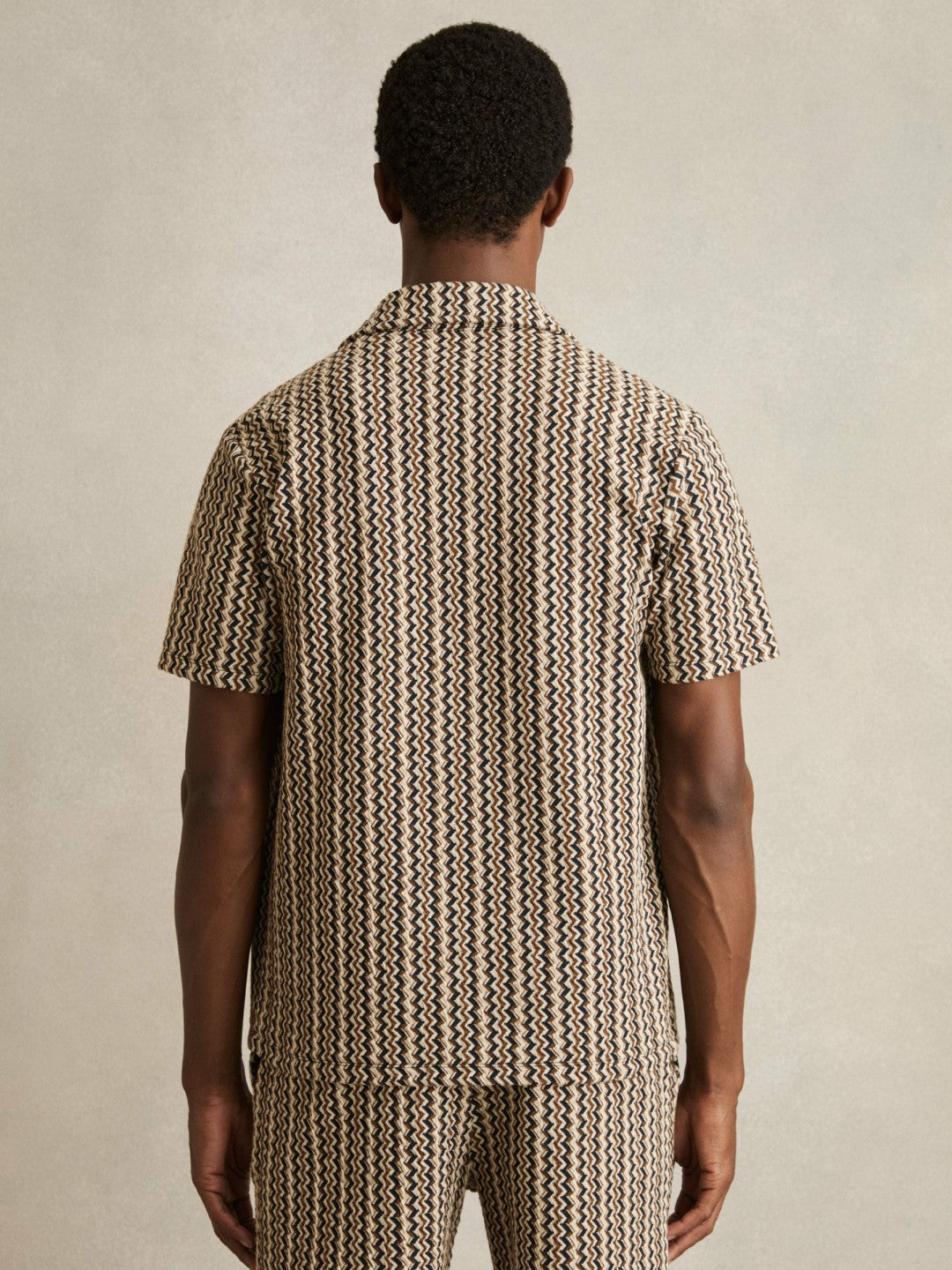 Reiss Featured - Zig-Zag Knit Cuban-Collar Shirt in Tobacco Brown