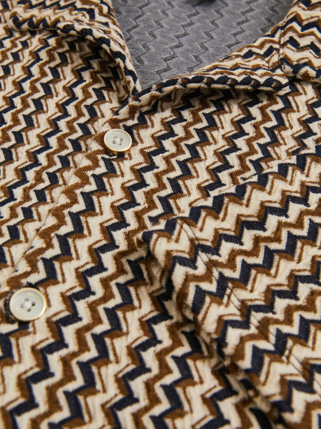 Reiss Featured - Zig-Zag Knit Cuban-Collar Shirt in Tobacco Brown