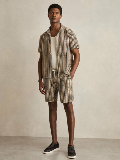 Reiss Best Seller - Zig-Zag Knit Drawstring Shorts in Tobacco Brown