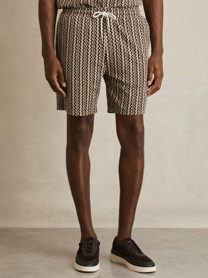 Reiss Best Seller - Zig-Zag Knit Drawstring Shorts in Tobacco Brown
