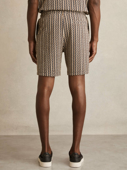 Reiss Best Seller - Zig-Zag Knit Drawstring Shorts in Tobacco Brown