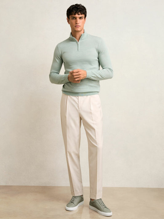 Reiss Value - Merino Wool Half-Zip Jumper in Sage Green Melange
