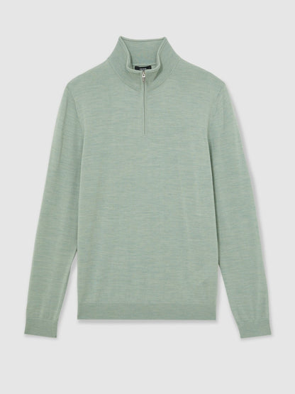 Reiss Value - Merino Wool Half-Zip Jumper in Sage Green Melange