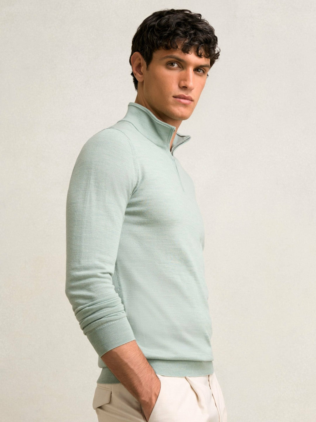 Reiss Value - Merino Wool Half-Zip Jumper in Sage Green Melange