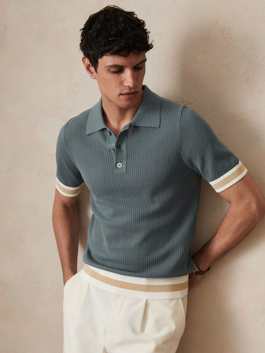 Reiss Offer - | Ché Cotton Knit Polo Shirt in Airforce Blue