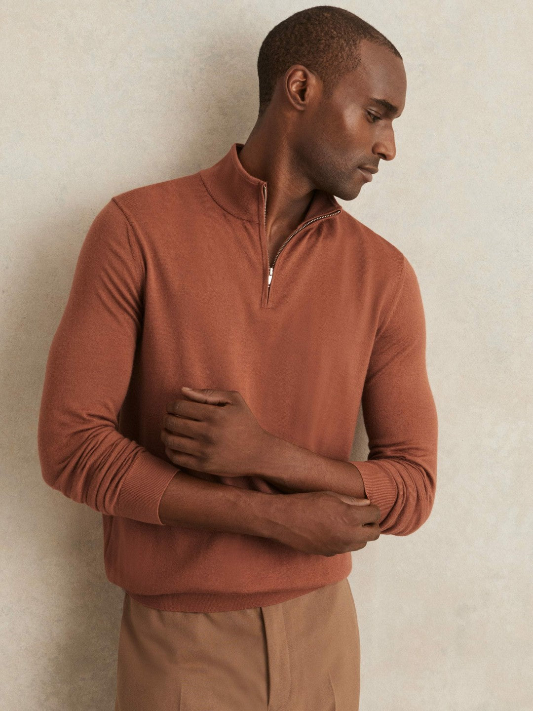 Reiss Featured - Merino Wool Half-Zip Jumper in Cinnamon Brown