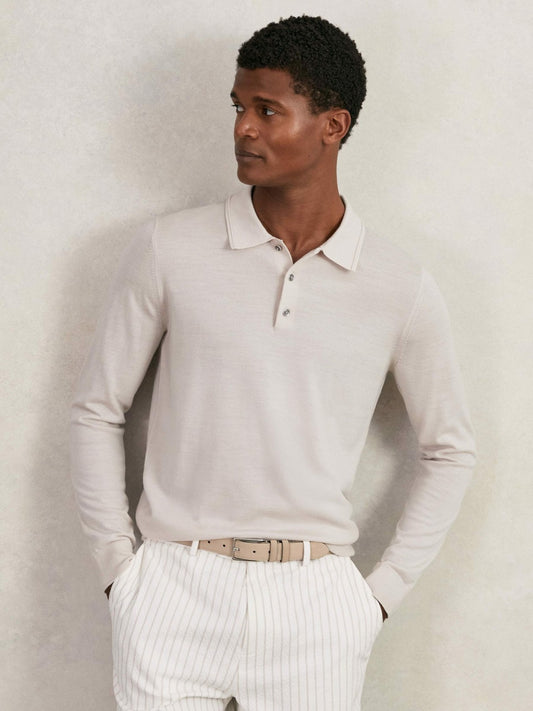 Reiss Sale - Merino Wool Long-Sleeve Polo Shirt in Beige