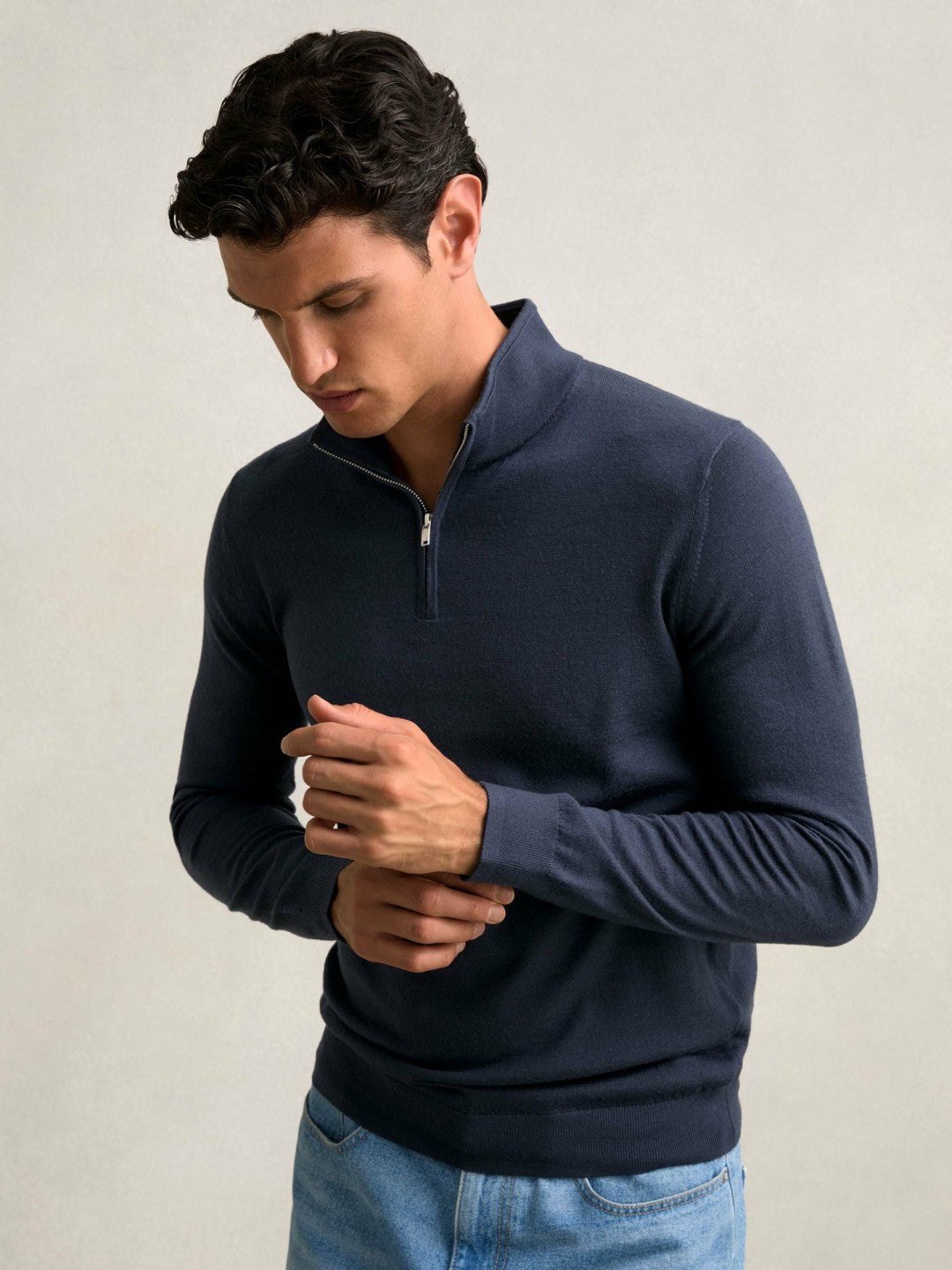 Reiss Affordable - Merino Wool Half-Zip Jumper in Midnight Navy