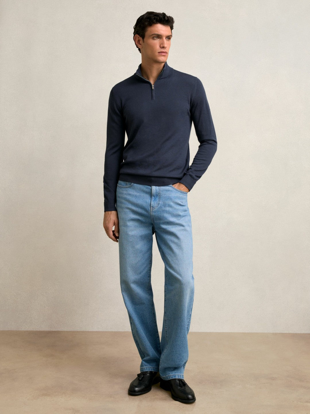 Reiss Affordable - Merino Wool Half-Zip Jumper in Midnight Navy