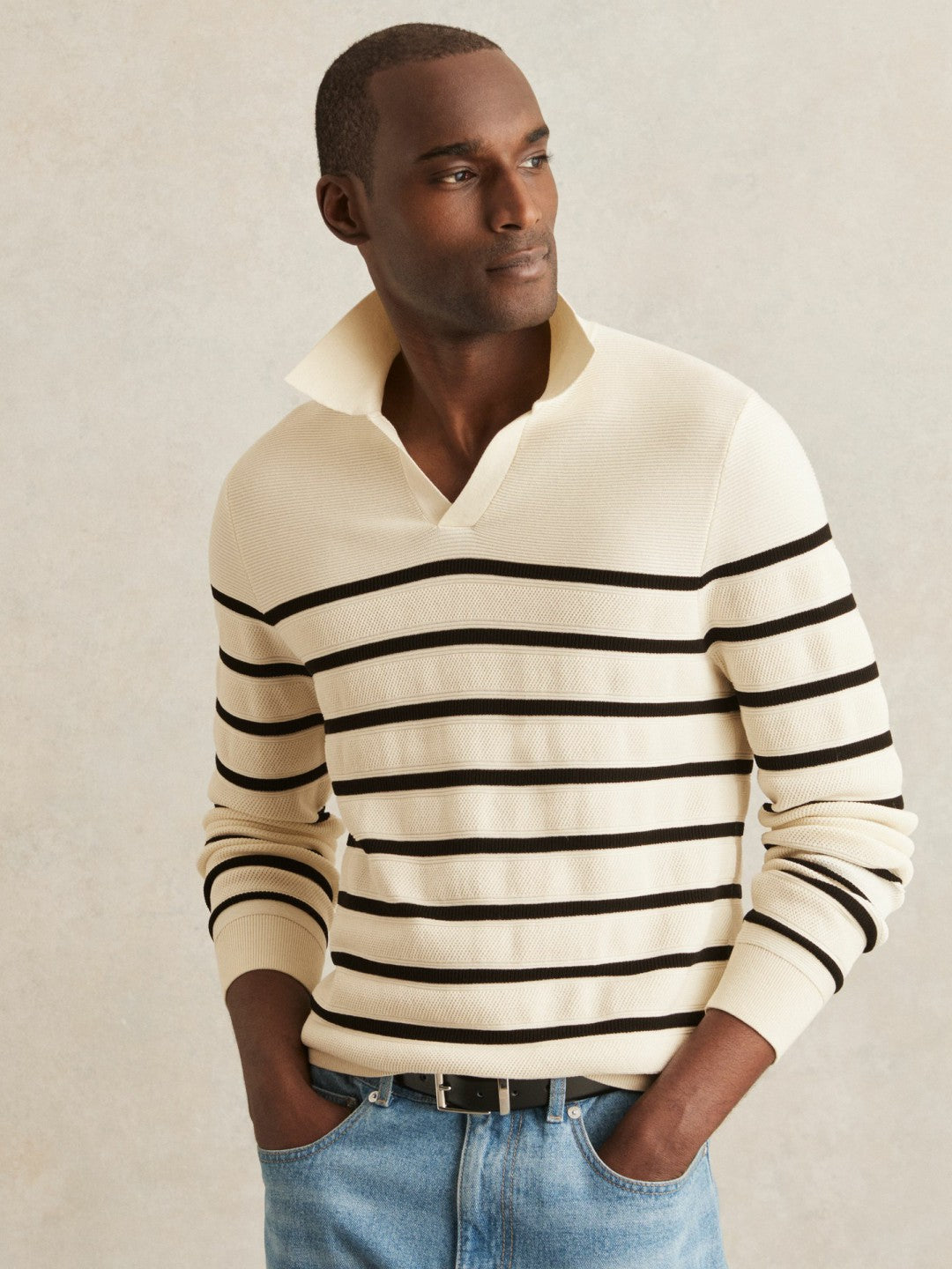 Reiss Sale - Cotton Blend Stripe Knit Polo Shirt in Warm Stone/Black