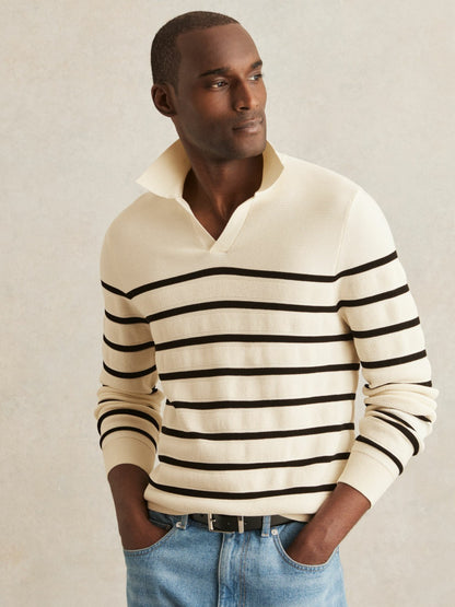 Reiss Sale - Cotton Blend Stripe Knit Polo Shirt in Warm Stone/Black