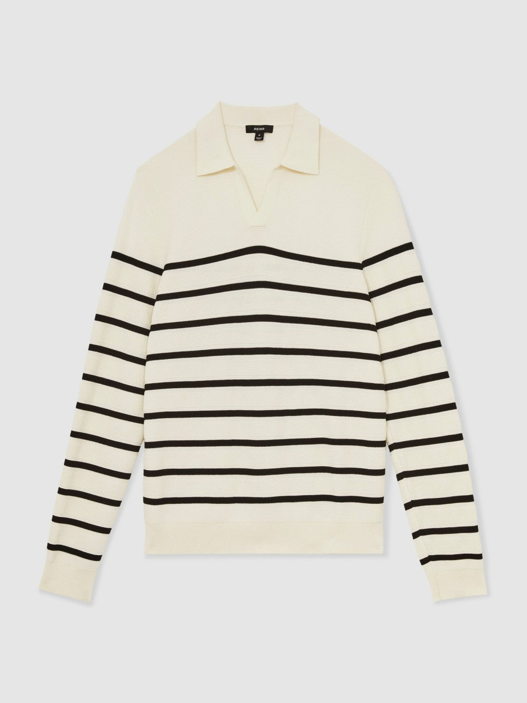 Reiss Sale - Cotton Blend Stripe Knit Polo Shirt in Warm Stone/Black