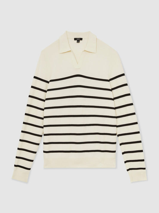 Reiss Cotton Blend Stripe Knit Polo Shirt in Warm Stone/Black
