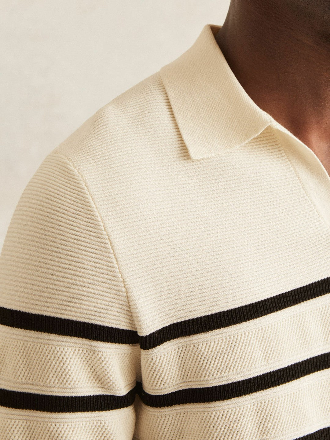 Reiss Sale - Cotton Blend Stripe Knit Polo Shirt in Warm Stone/Black
