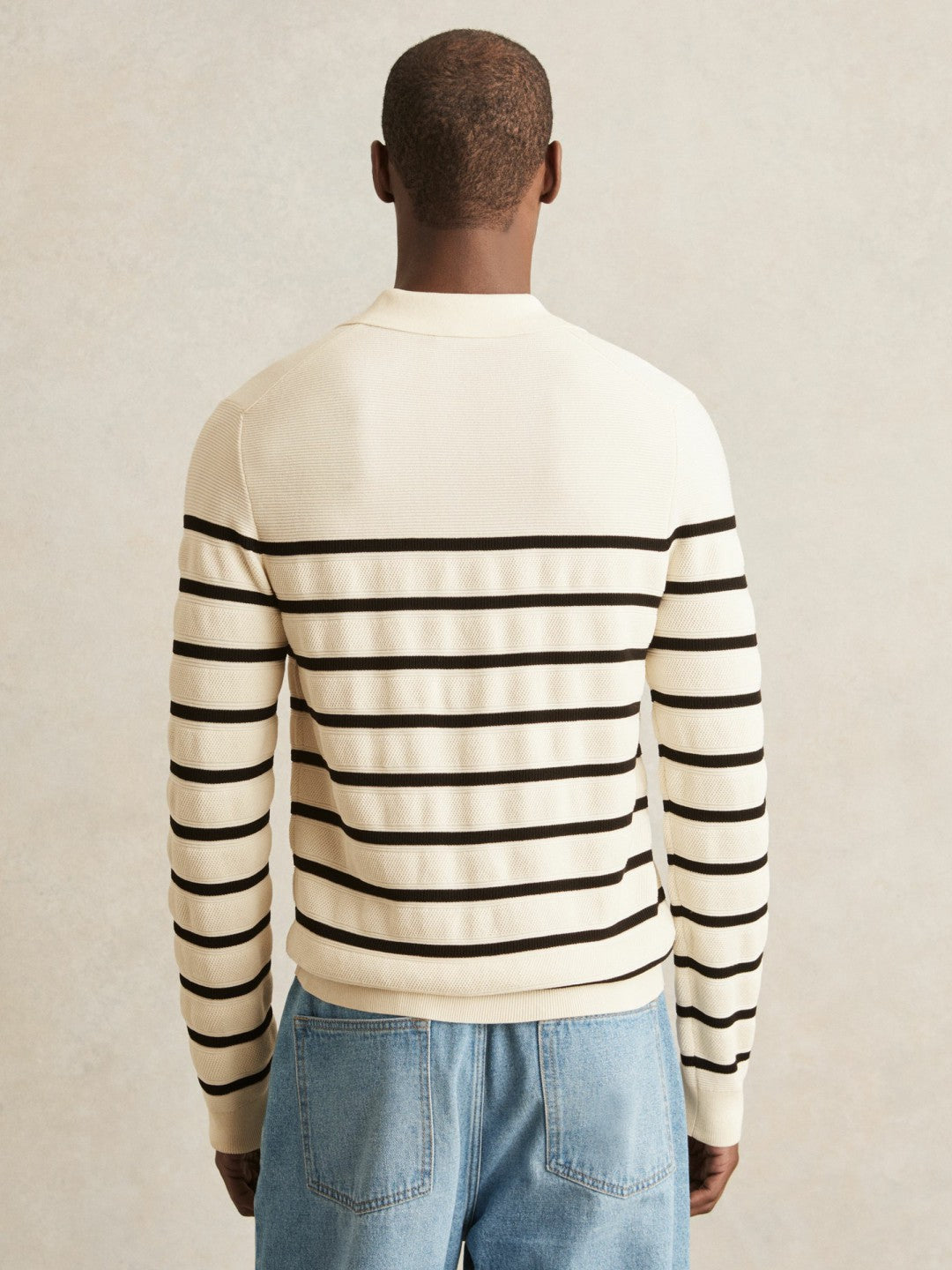 Reiss Sale - Cotton Blend Stripe Knit Polo Shirt in Warm Stone/Black