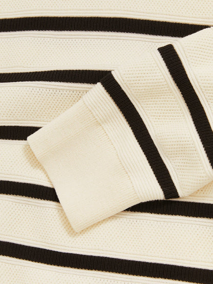 Reiss Sale - Cotton Blend Stripe Knit Polo Shirt in Warm Stone/Black