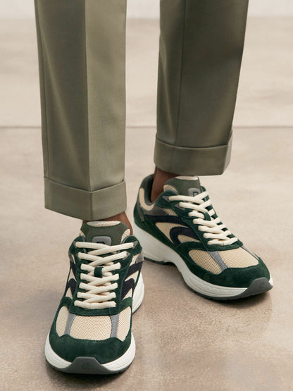 Reiss Savings - Panelled Running Trainers in Forest Green/Stone