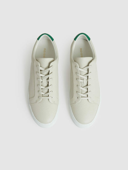 Reiss Value - Tumbled-Leather Low-Top Trainers in Off White/Green