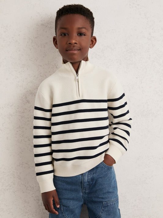 Reiss Affordable - 3-9 yrs Cotton-Blend Stripe Half-Zip Jumper in White