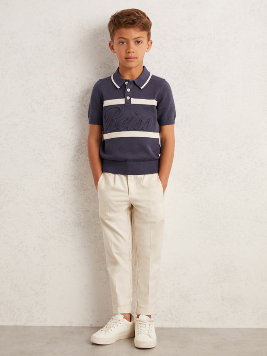 Reiss Best Seller - 3-9 yrs Cotton Logo-Embossed Knit Polo Shirt in Indigo Blue/White