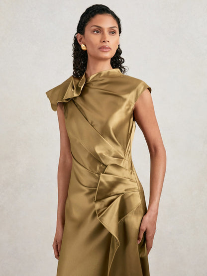 Reiss Savings - Acler Draped Satin Midi Dress in Gold Moss
