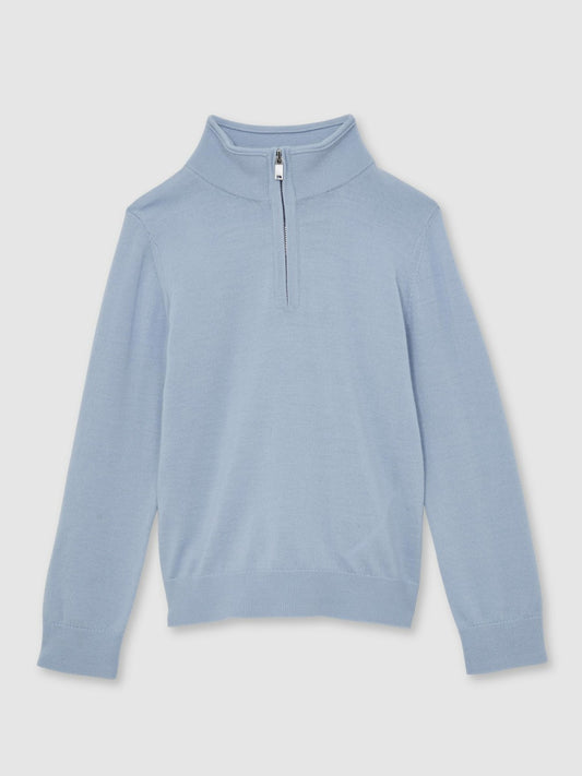 Reiss Featured - 13-14 yrs Merino Wool Half-Zip Funnel Neck Jumper in Soft Blue Melange