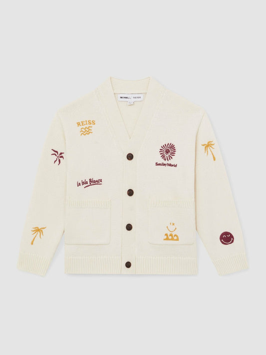 Reiss Sale - 13-14 yrs SmileyWorld Embroidery Cardigan Unisex Fit in Off White