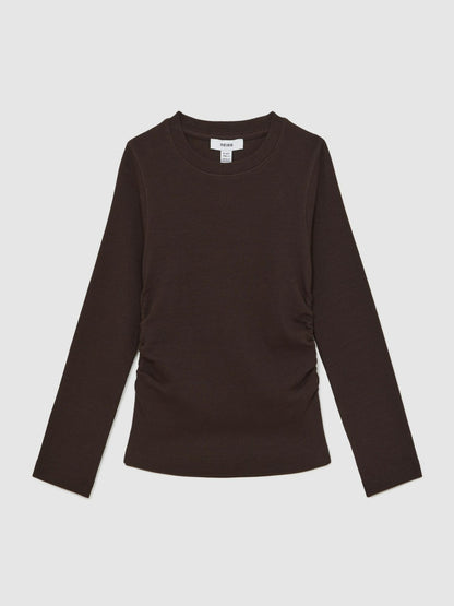 Reiss Sale - 13-14 yrs Cotton Ruched Long-Sleeve T-Shirt with Stretch in Chocolate
