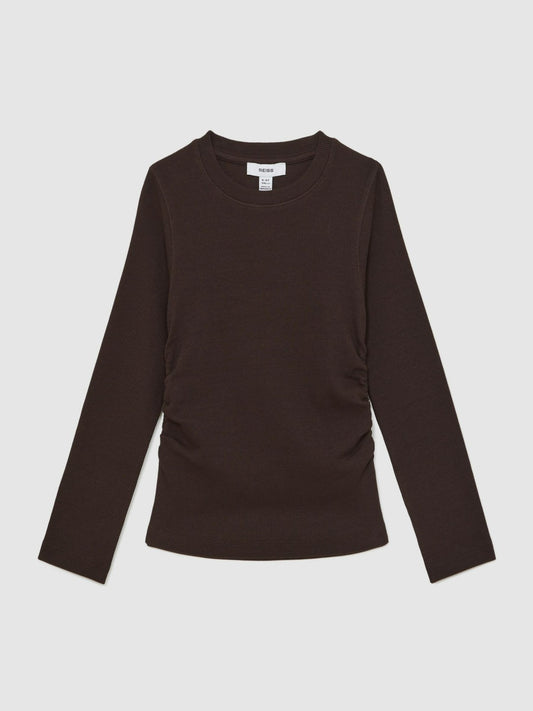 Reiss Sale - 13-14 yrs Cotton Ruched Long-Sleeve T-Shirt with Stretch in Chocolate