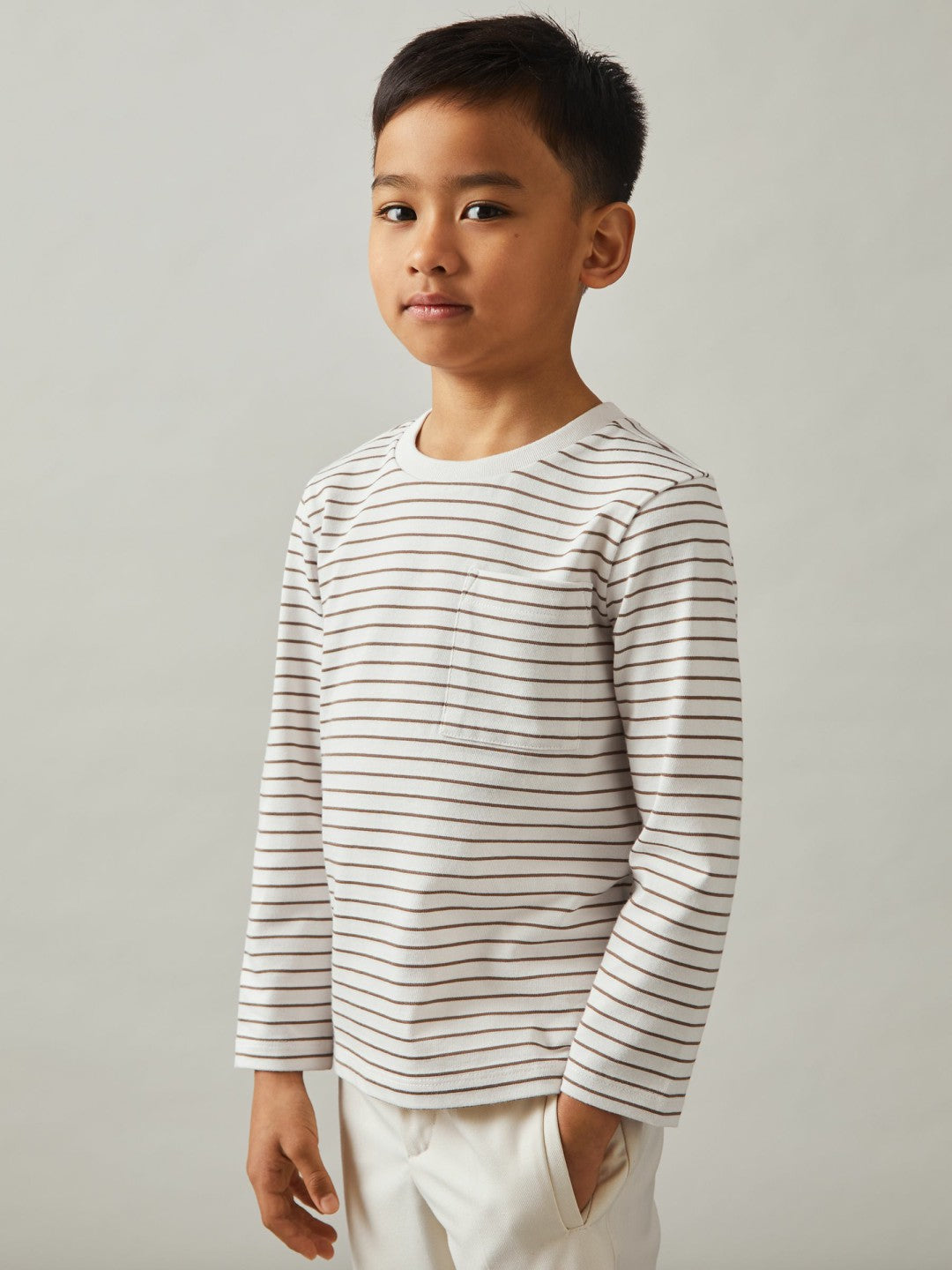 Reiss Popular Choice - 9-13 yrs Stretch-Cotton Stripe T-Shirt in Off White/Camel