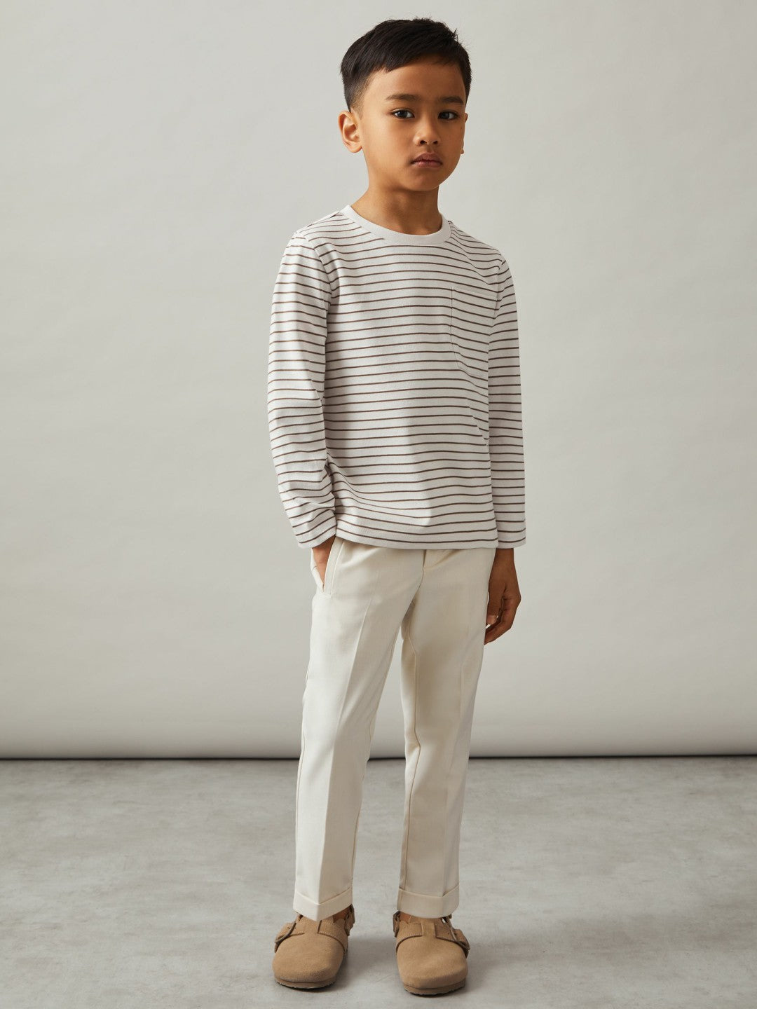 Reiss Popular Choice - 9-13 yrs Stretch-Cotton Stripe T-Shirt in Off White/Camel