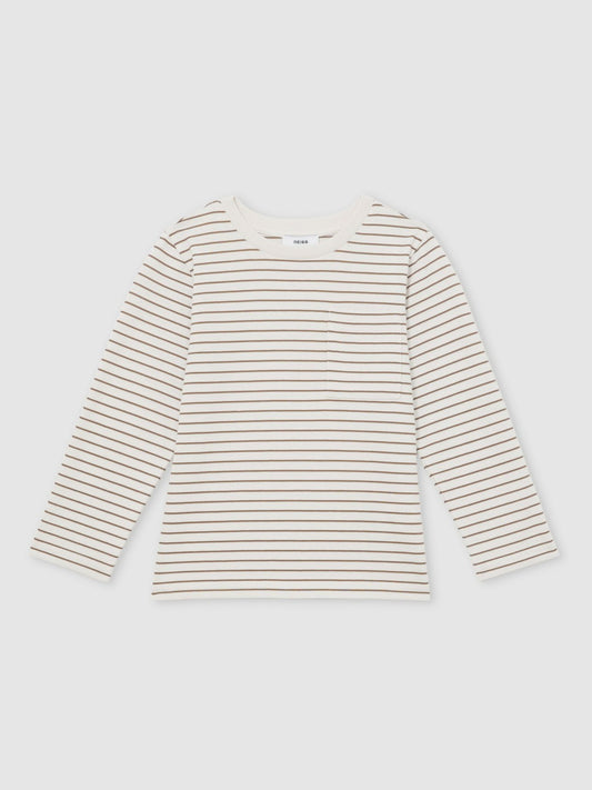 Reiss Value - 13-14 yrs Stretch-Cotton Stripe T-Shirt in Off White/Camel