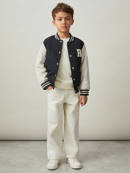 Reiss Best Seller - 3-9 yrs Colour-Block Varsity Bomber Jacket in Navy/ Off White