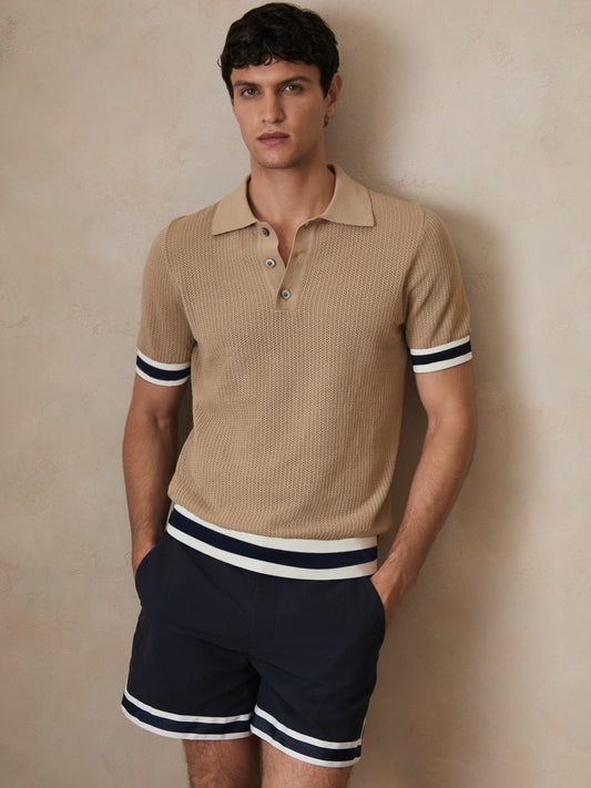 Reiss Deal - | Ché Cotton Knit Polo Shirt in Camel Brown