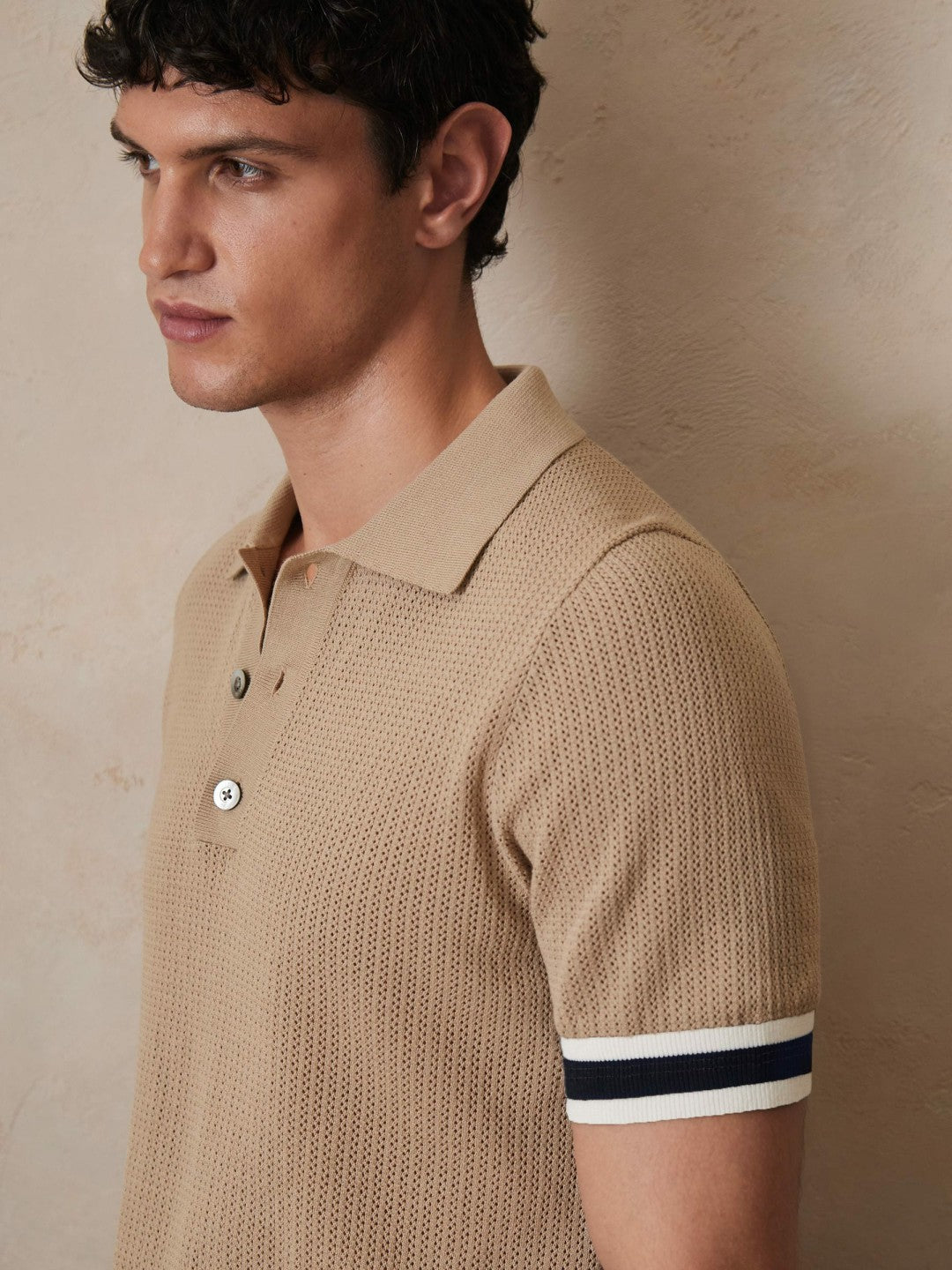 Reiss Deal - | Ché Cotton Knit Polo Shirt in Camel Brown