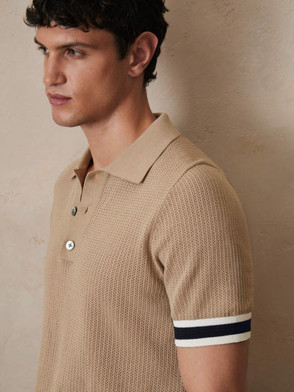 Reiss Deal - | Ché Cotton Knit Polo Shirt in Camel Brown