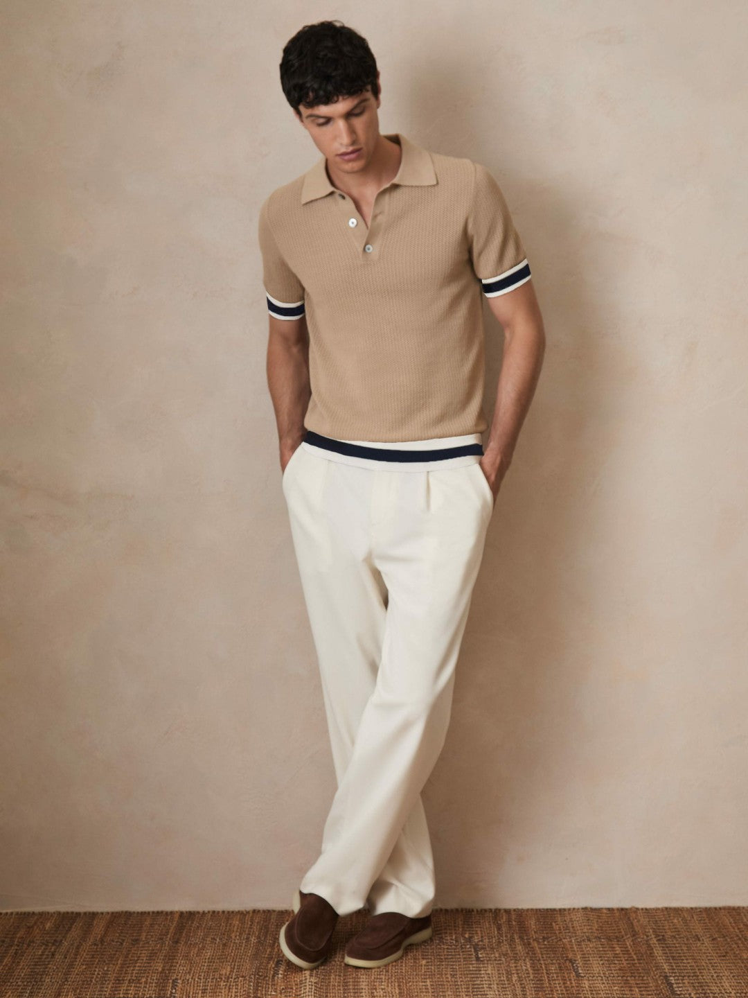 Reiss Deal - | Ché Cotton Knit Polo Shirt in Camel Brown